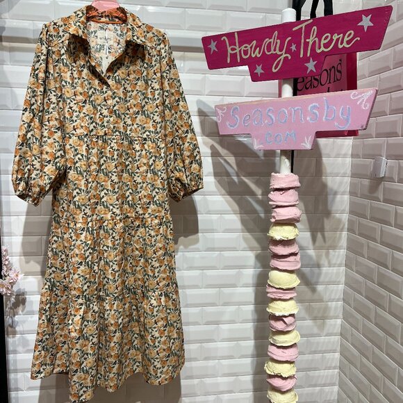 Umgee Dresses & Skirts - FLORAL 3/4 SLEEVE CORDUROY MIDI DRESS